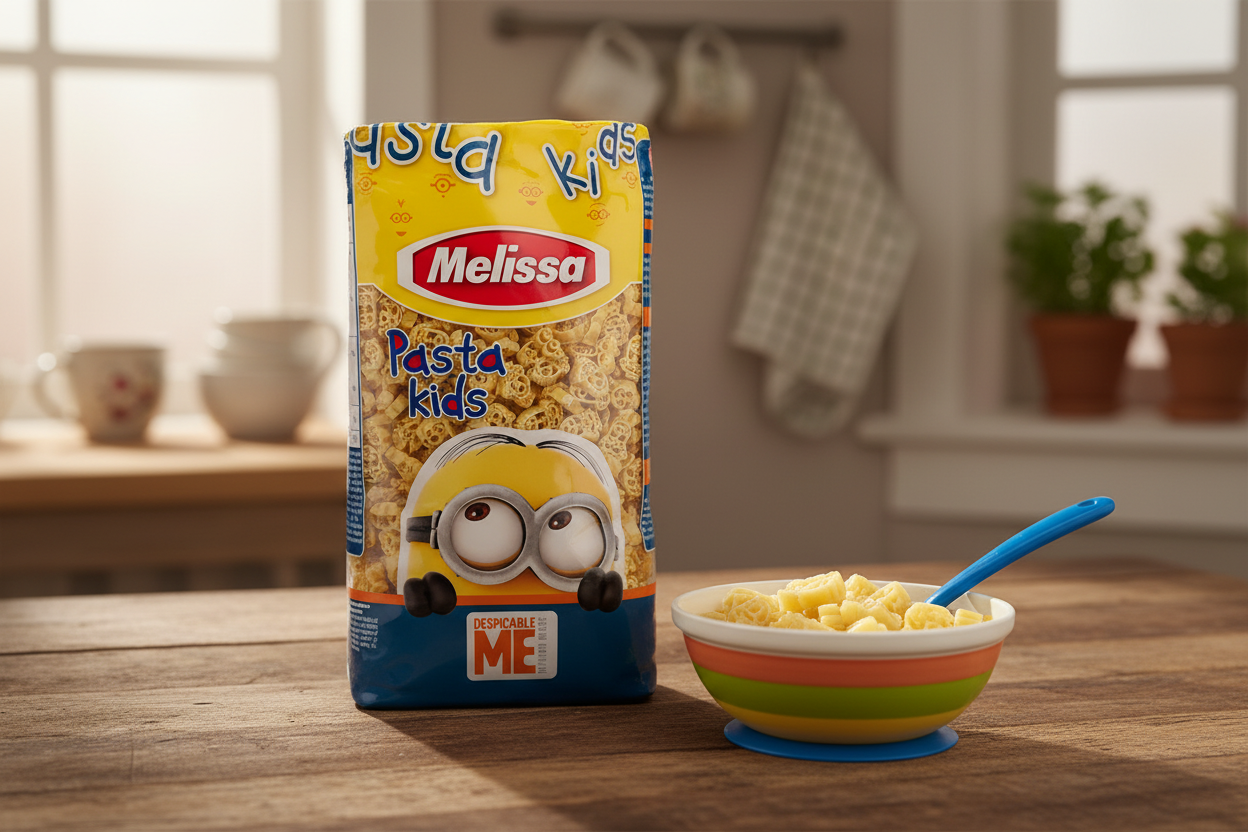 Melissa Pasta Kids Minions bag on a kitchen table with natural daylight