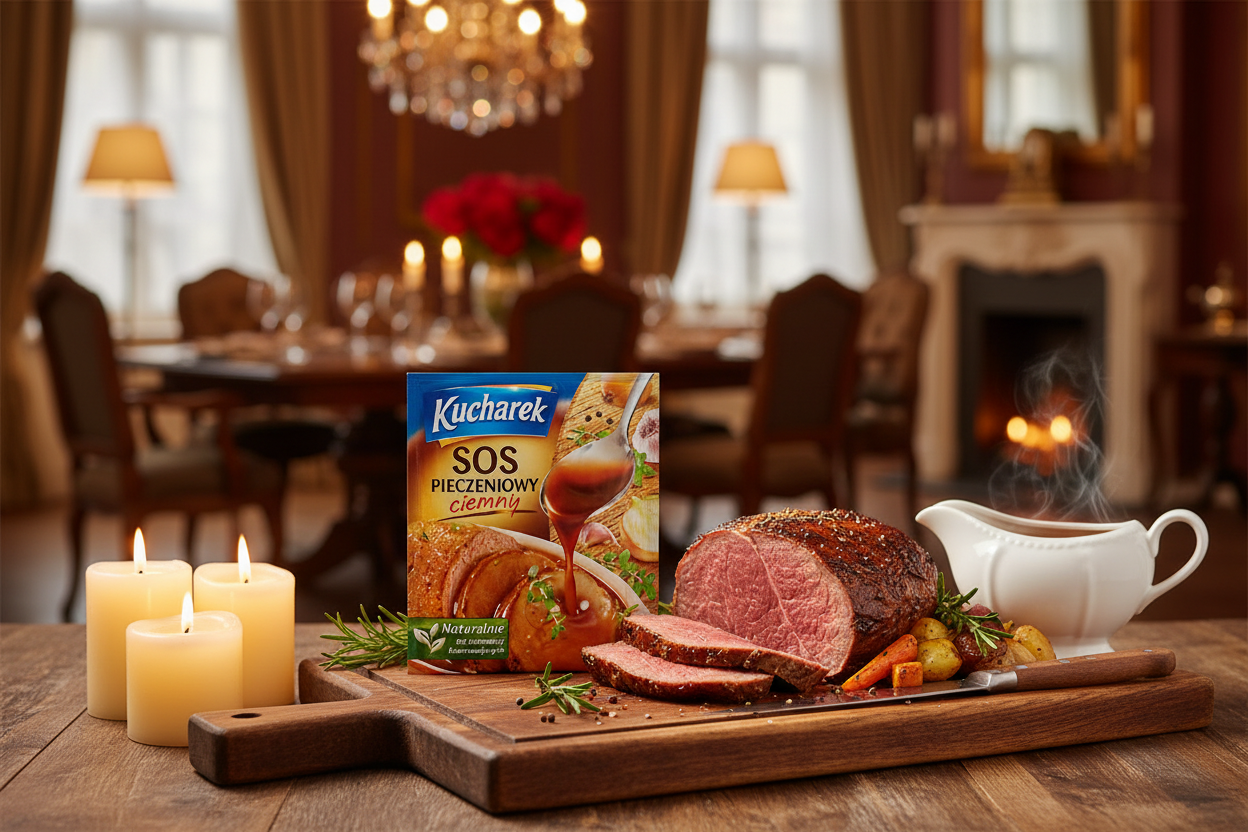 Kucharek Dark Roast Gravy Mix on serving board with carved roast
