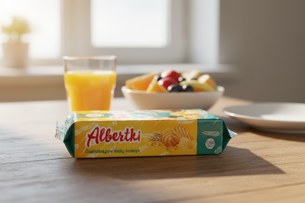 Albertki butter cookies on breakfast table with fresh fruit and orange juice