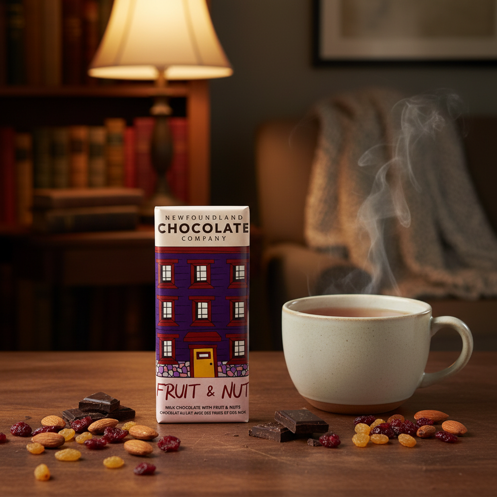 Newfoundland Chocolate Company Fruit & Nut – cozy reading nook lifestyle scene
