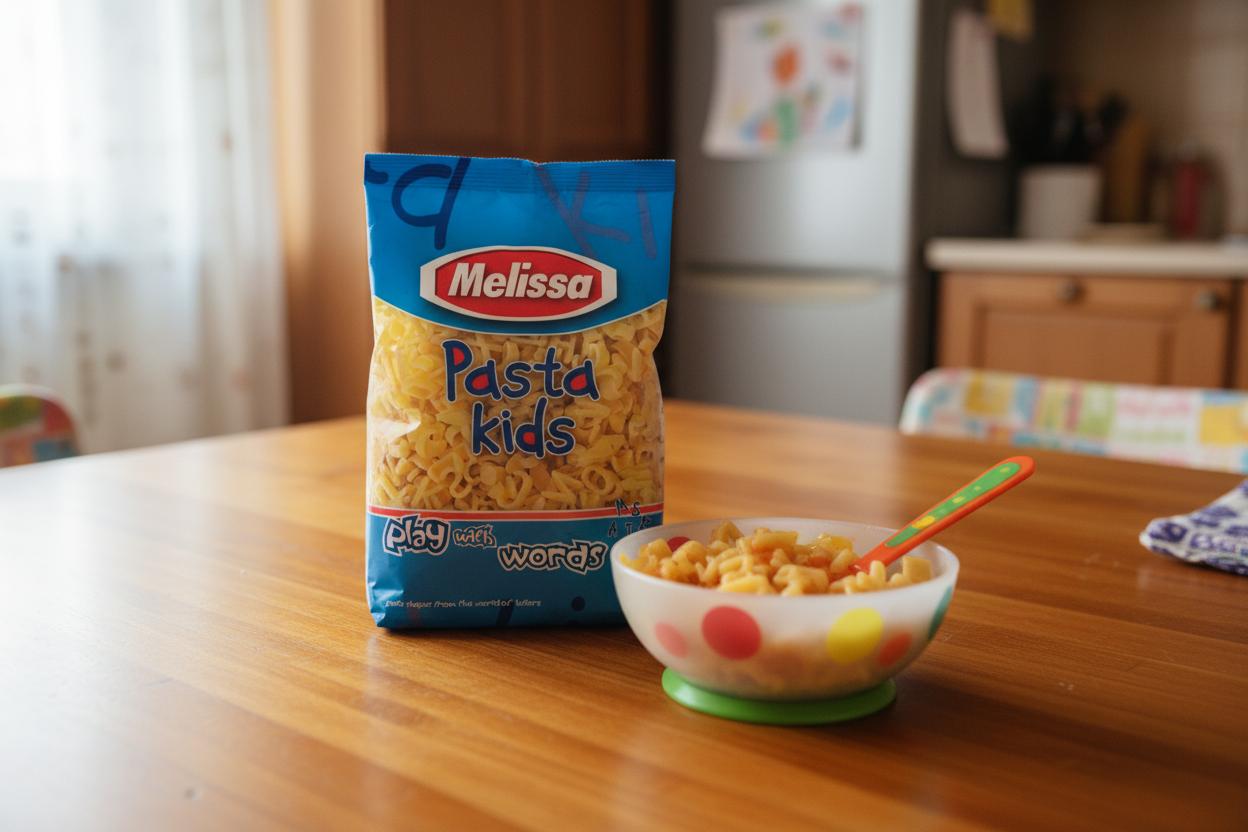 Melissa Pasta Kids Play with Words bag on a kitchen table with natural daylight