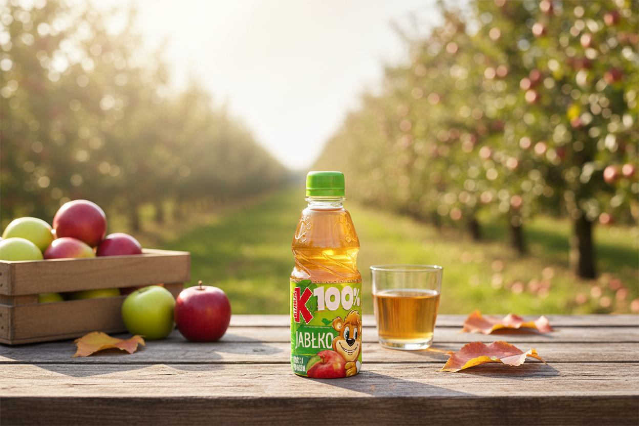 Kubus 100% Apple Juice on rustic farm table in apple orchard