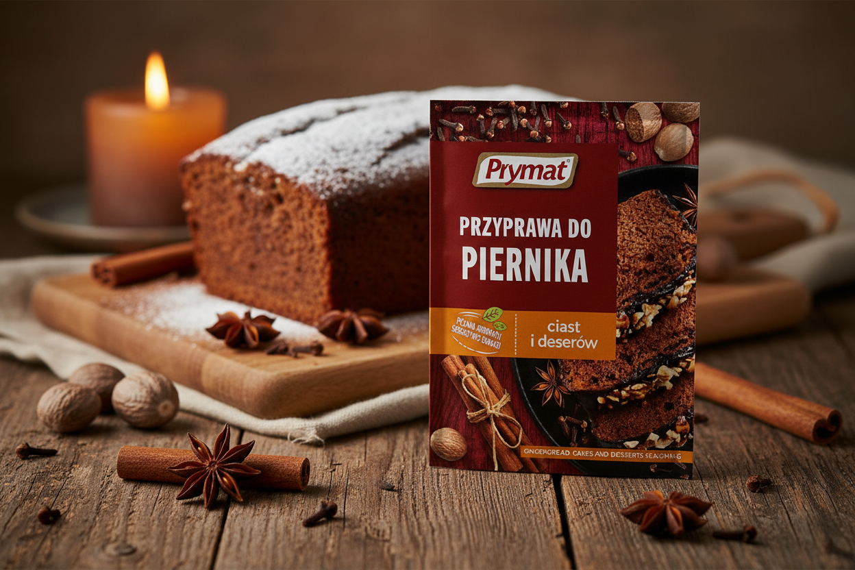 Prymat gingerbread spice blend packet on a rustic wooden table with dark rich Polish piernik gingerbread loaf cake dusted with icing sugar on a wooden board with whole cinnamon sticks star anise whole cloves and nutmeg scattered artfully in warm amber candlelight
