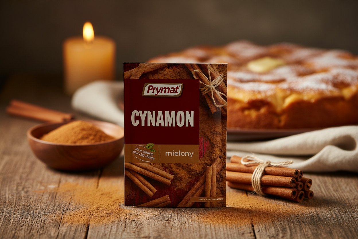 Prymat ground cinnamon packet on a rustic wooden table dusted with cinnamon powder with whole cinnamon sticks tied with twine and small wooden bowl of ground cinnamon and golden Polish szarlotka apple cake in the background