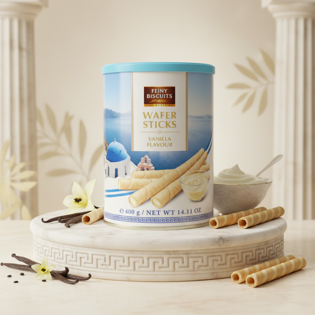 Feiny Biscuits Wafer Sticks Vanilla with elegant background