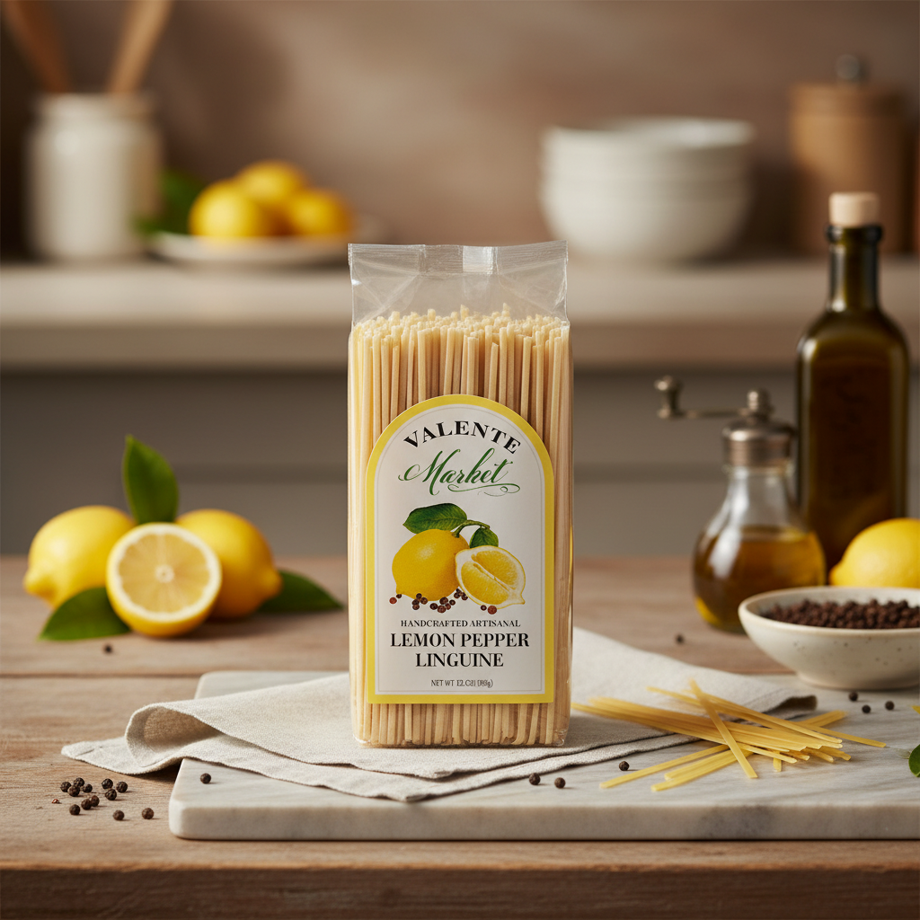 Valente Market Lemon Pepper Linguine package with premium background