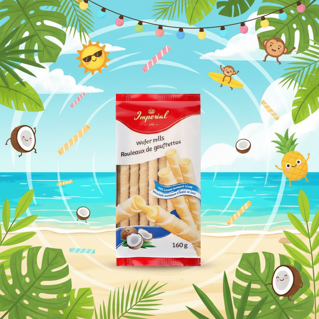 Imperial Wafer Rolls Coconut with tropical background