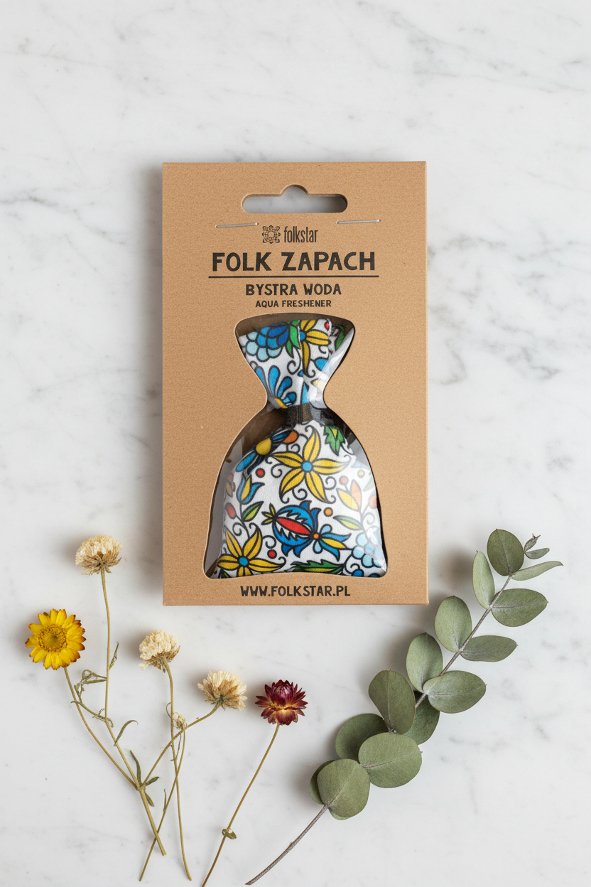 Folkstar Folk Zapach Bystra Woda freshener on marble surface with dried wildflowers and eucalyptus