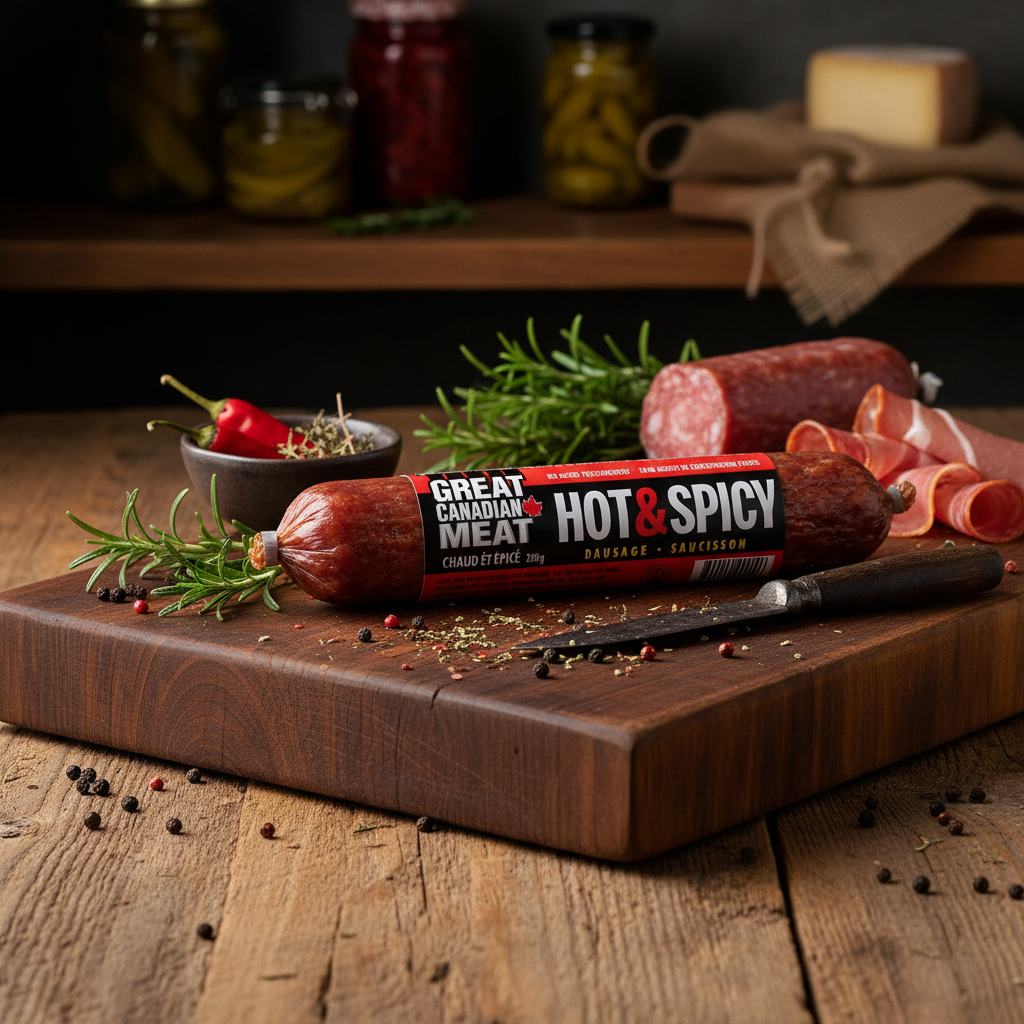 Great Canadian Meat Hot & Spicy Dry Salami with premium background