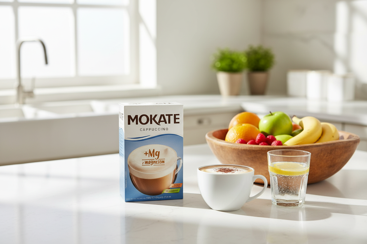 Mokate Cappuccino with Magnesium in a bright modern wellness kitchen with fresh fruit and morning sunlight