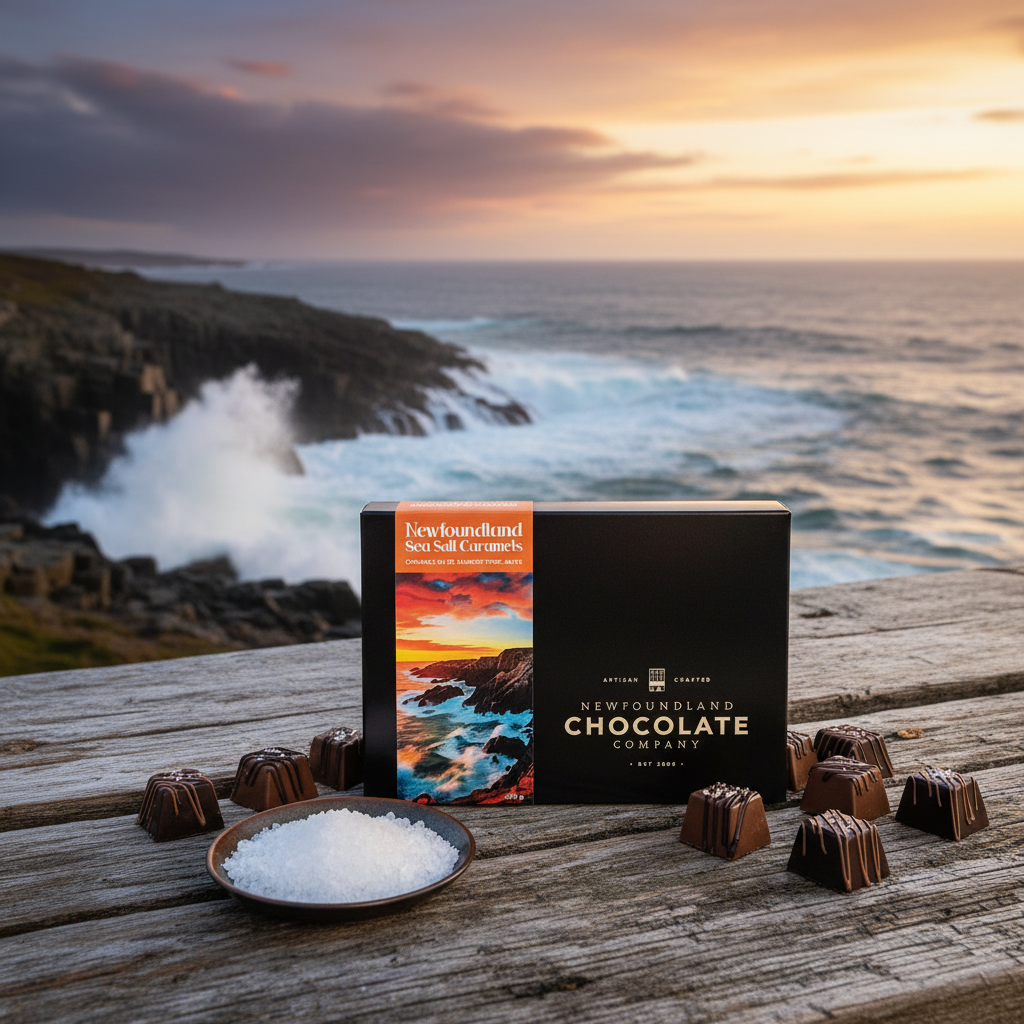 Newfoundland Sea Salt Caramels box by Newfoundland Chocolate Company on a rugged Atlantic coastal setting