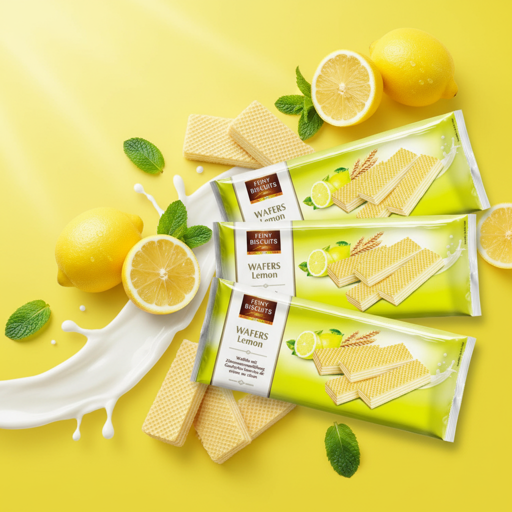 Feiny Biscuits Wafers Lemon 3-pack display with fresh background
