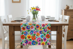 Folkstar Łowicz white folk table runner styled on a natural wooden dining table with white ceramic plates