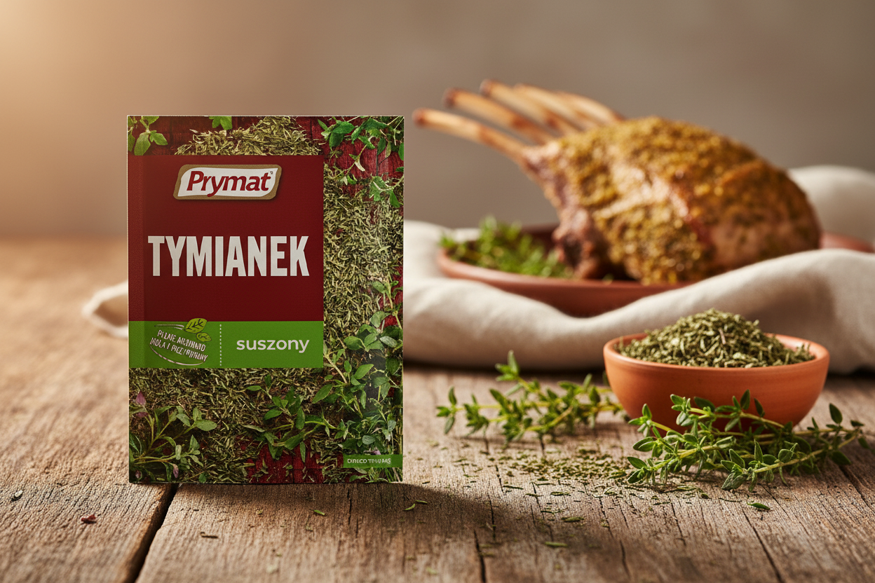 Prymat dried thyme packet on a rustic wooden table with fresh thyme sprigs scattered artfully and small terracotta bowl of dried thyme and golden roasted lamb rack with herb crust in the background