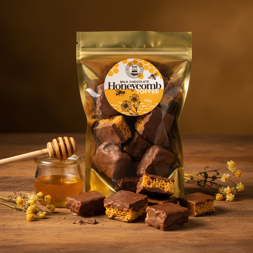 Milk Chocolate Honeycomb Toffee – warm golden honey lifestyle scene