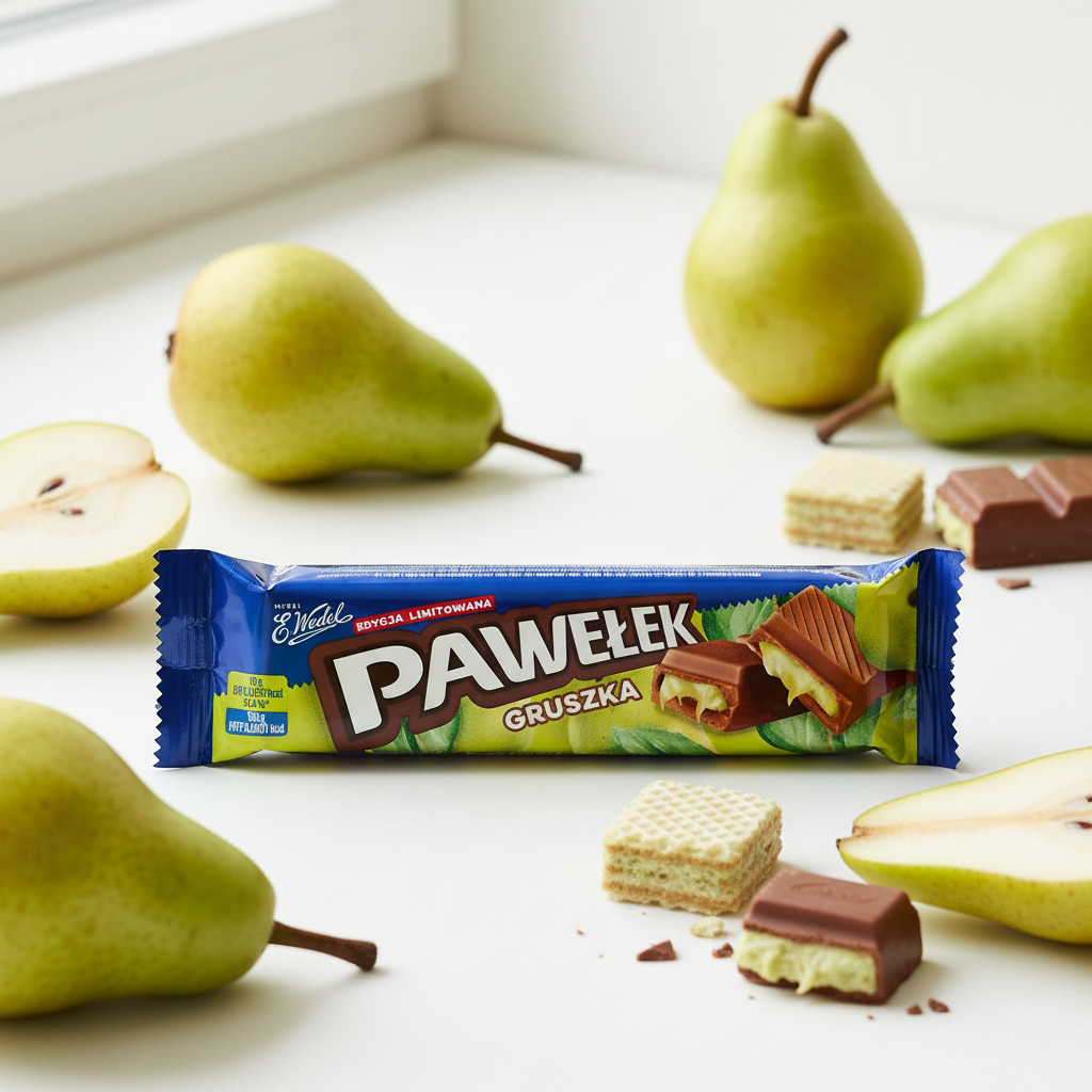 E. Wedel Pawełek Gruszka bar on white surface with fresh pears and broken wafer pieces showing pear filling