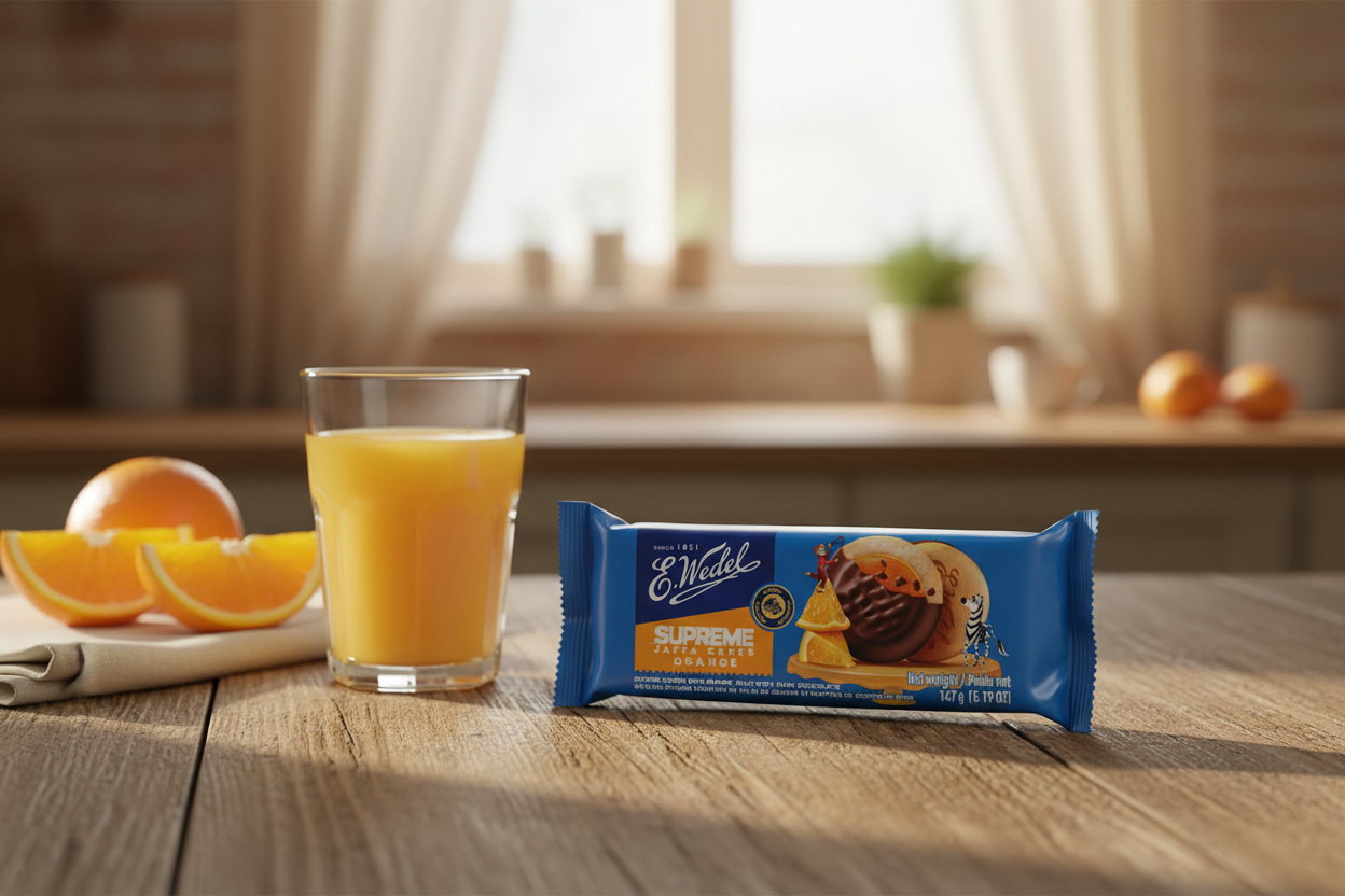 E. Wedel Supreme Orange Jaffa Cookies on breakfast table with fresh oranges
