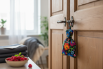 Folkstar Folk Zapach Leśna Malina freshener hanging on a wardrobe door with dark linen and fresh raspberries