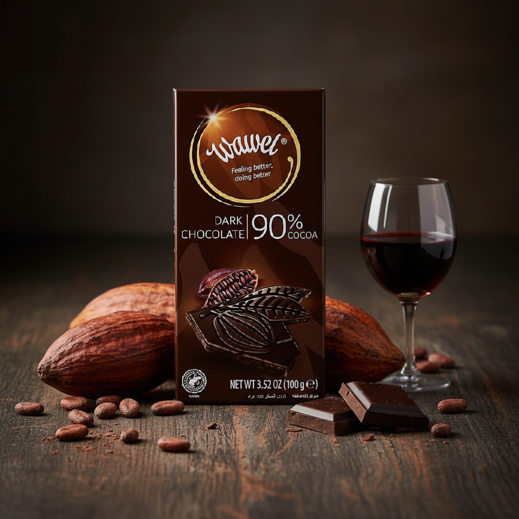 Wawel 90% Cocoa dark chocolate bar with cacao pods and red wine on dark wood