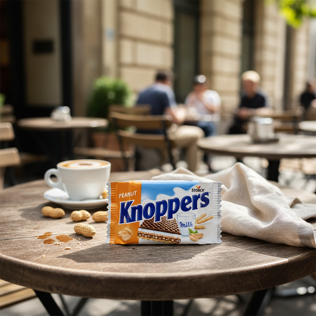 Knoppers Peanut Wafer Snack with realistic outdoor cafe background