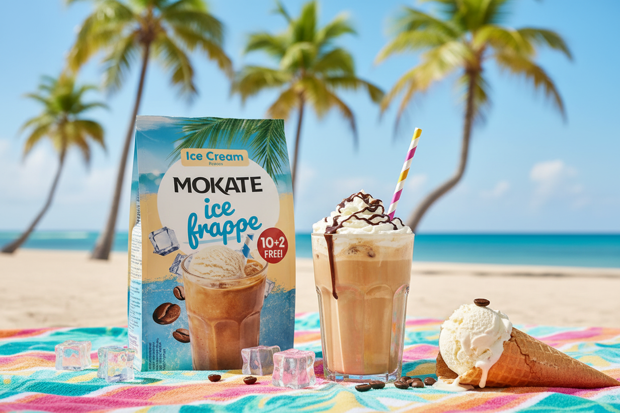 Mokate Ice Frappe Ice Cream Flavour on a sunny beach with ice cream cone and tropical palms