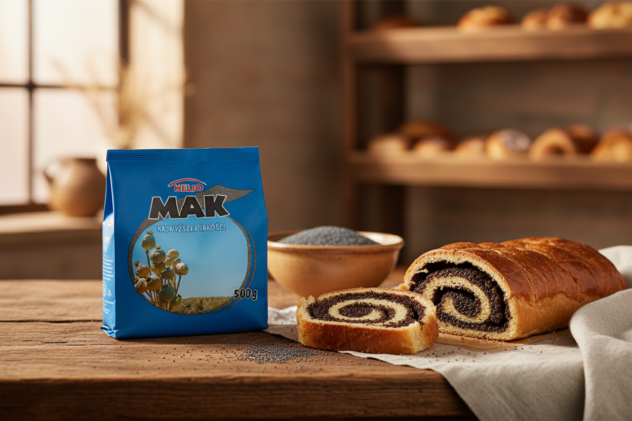 Helio poppy seeds bag beside a sliced makowiec poppy seed roll on a rustic bakery table