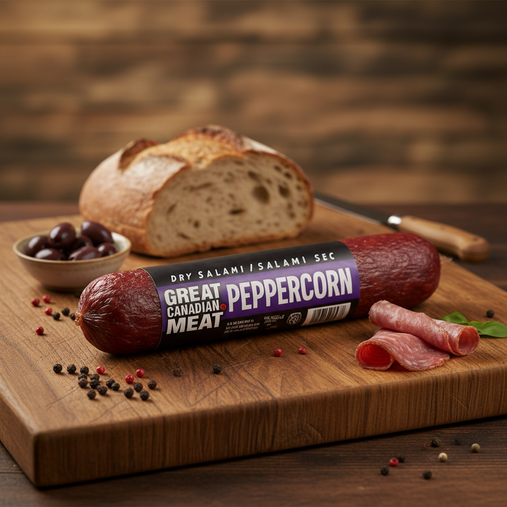Great Canadian Meat Peppercorn Dry Salami with premium background