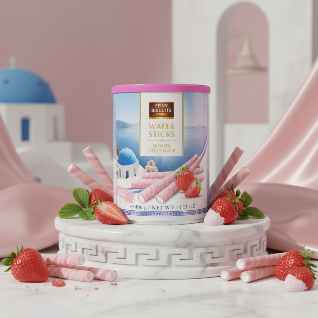 Feiny Biscuits Wafer Sticks Strawberry with elegant background