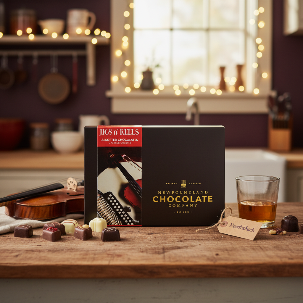 Jigs n' Reels Assorted Chocolates box by Newfoundland Chocolate Company in a festive East Coast kitchen setting