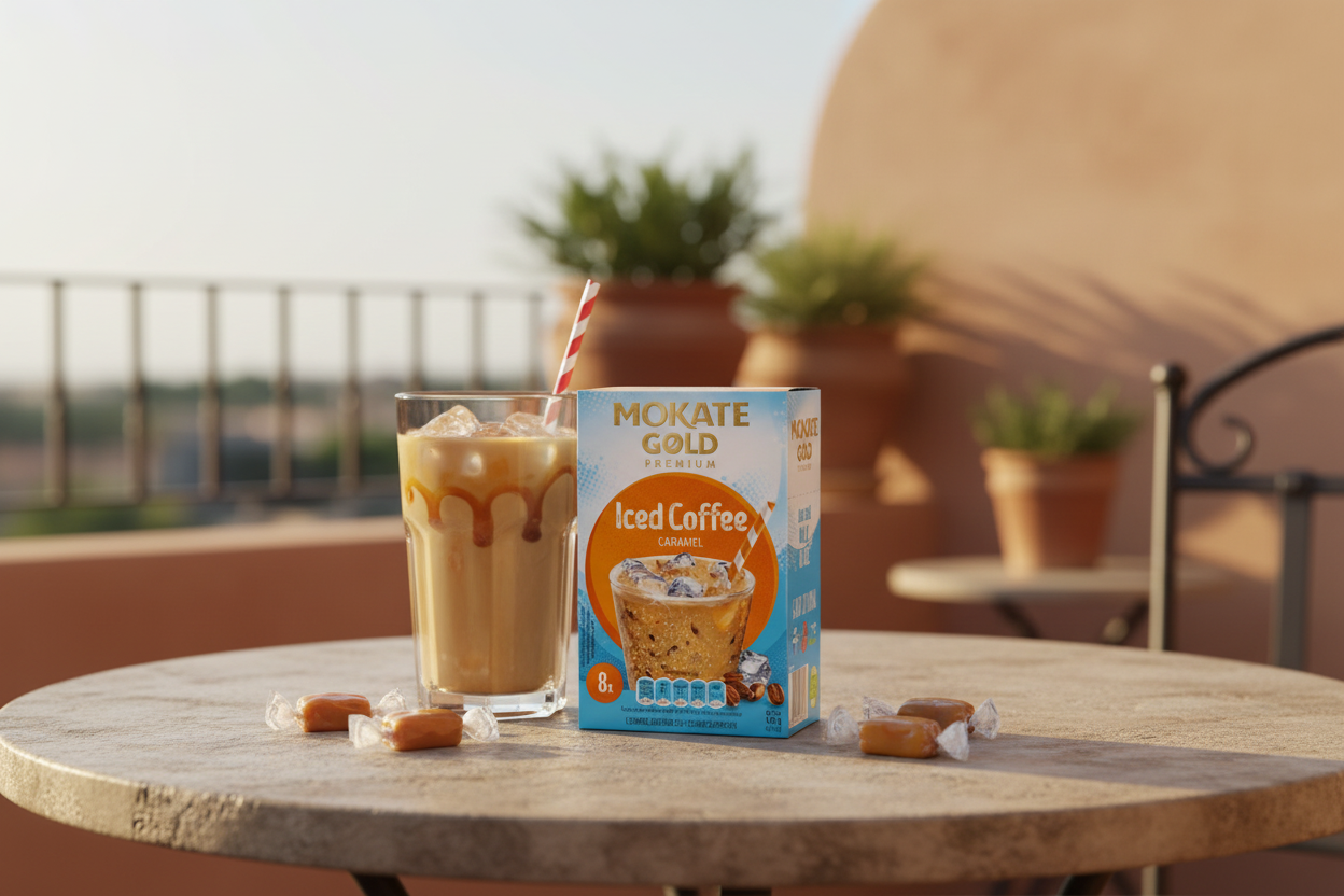 Mokate Gold Premium Iced Coffee Caramel on a sun-drenched terrace with caramel drizzle and warm golden light