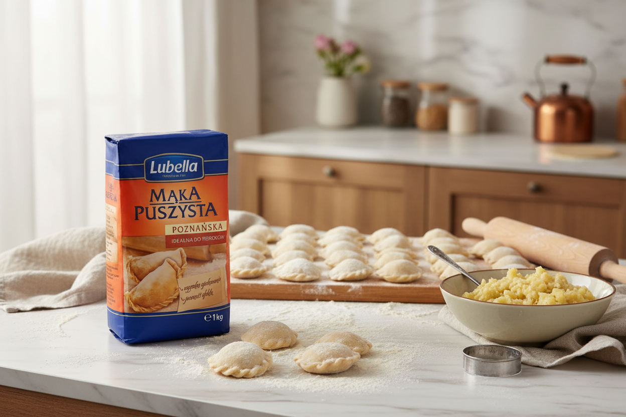 Lubella pierogi flour bag on a marble counter with freshly crimped pierogi, rolling pin and potato cheese filling