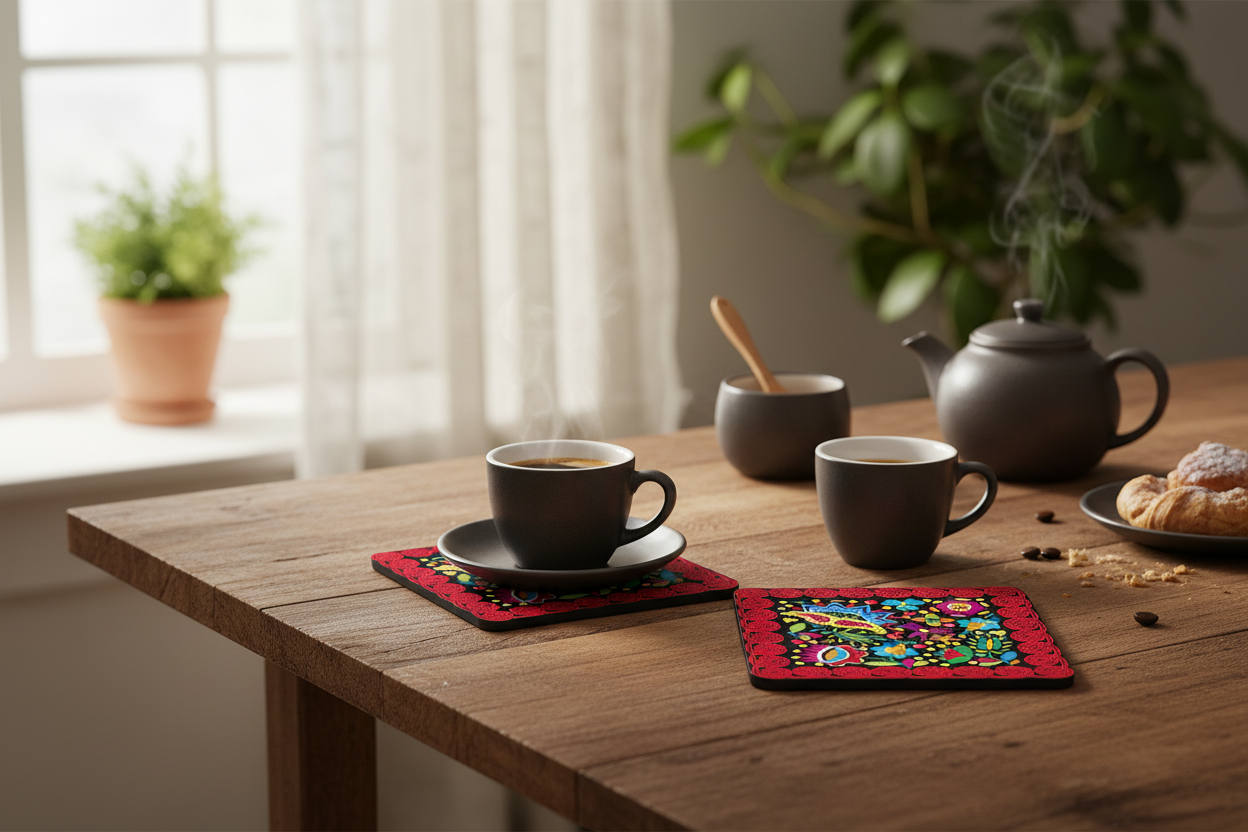 Folkstar Kraków folk cork coasters on a kitchen table with dark ceramic espresso cups