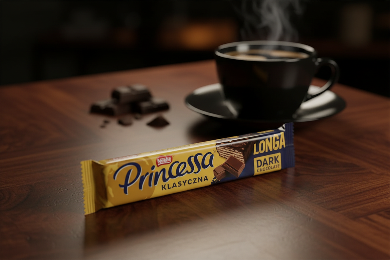 Princessa Longa dark chocolate wafer bar with black coffee