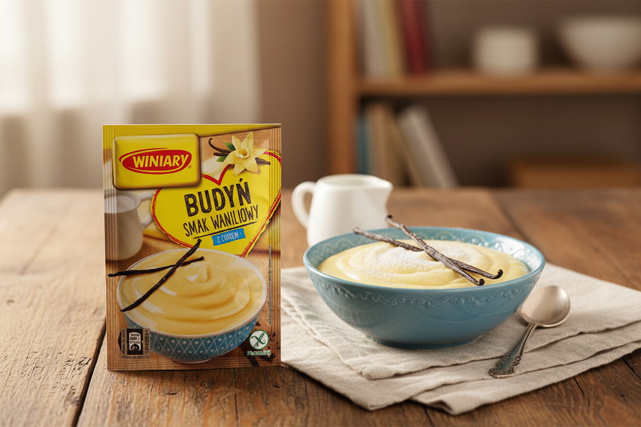 Winiary vanilla pudding packet on a wooden table with a smooth pale yellow vanilla pudding in a blue ceramic bowl with fresh vanilla pods and icing sugar dusting alongside