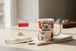 Folkstar Toruń city mug lifestyle shot on wooden table with vintage postcard and Polish flag