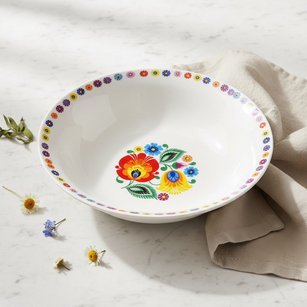 Folkstar Łowicz folk floral small bowl on marble surface with linen napkin and dried wildflowers