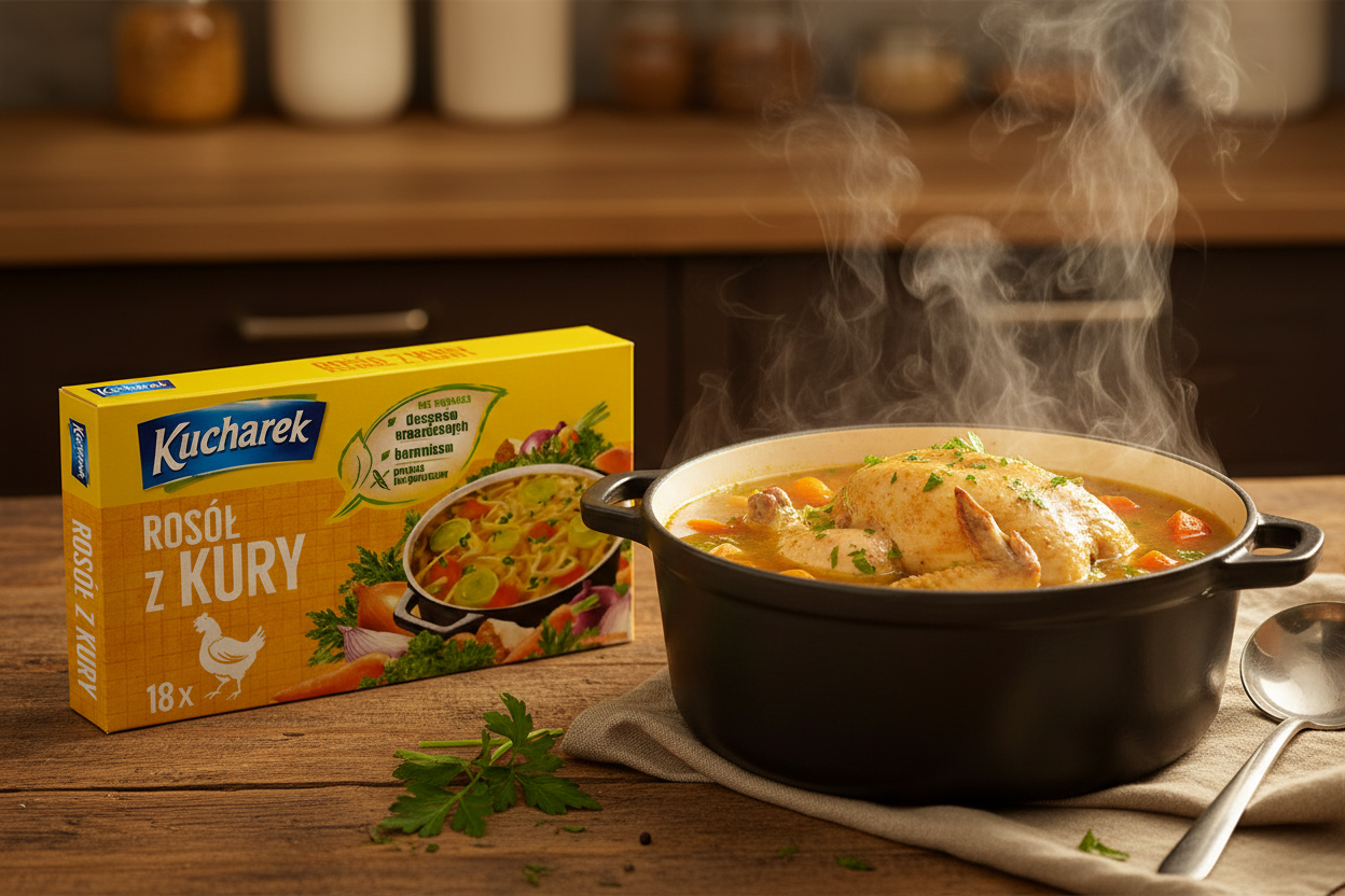 Kucharek chicken broth 18-cube box on a wooden table with a large steaming pot of golden rosół with whole vegetables carrots parsley and a whole chicken with a ladle alongside