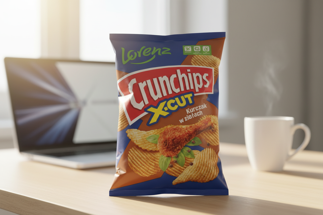 Lorenz Crunchips X-Cut Chicken chips on home office desk with laptop