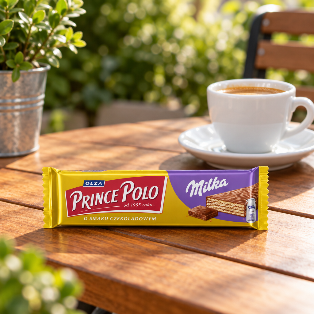 Prince Polo Milka wafer bar on an outdoor cafe table beside coffee