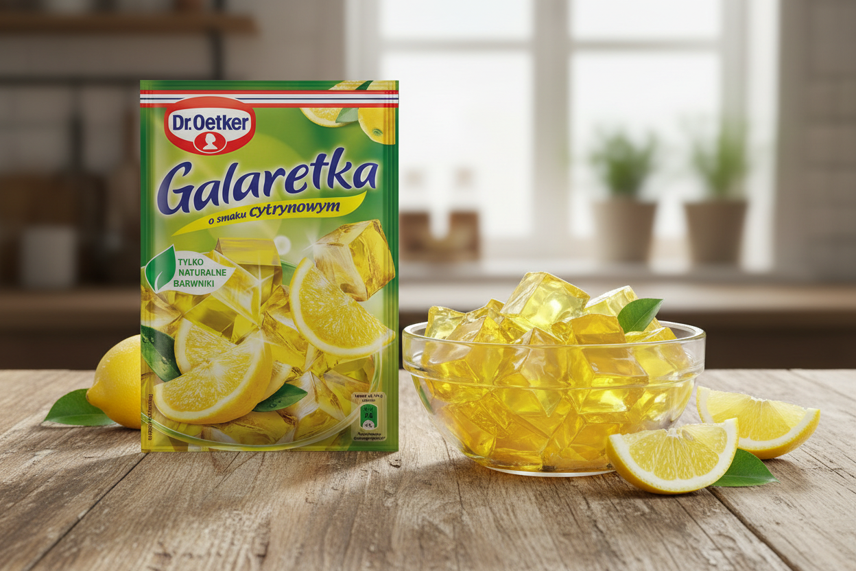 Dr. Oetker lemon jelly packet beside a golden yellow lemon jelly dessert with fresh lemon slices