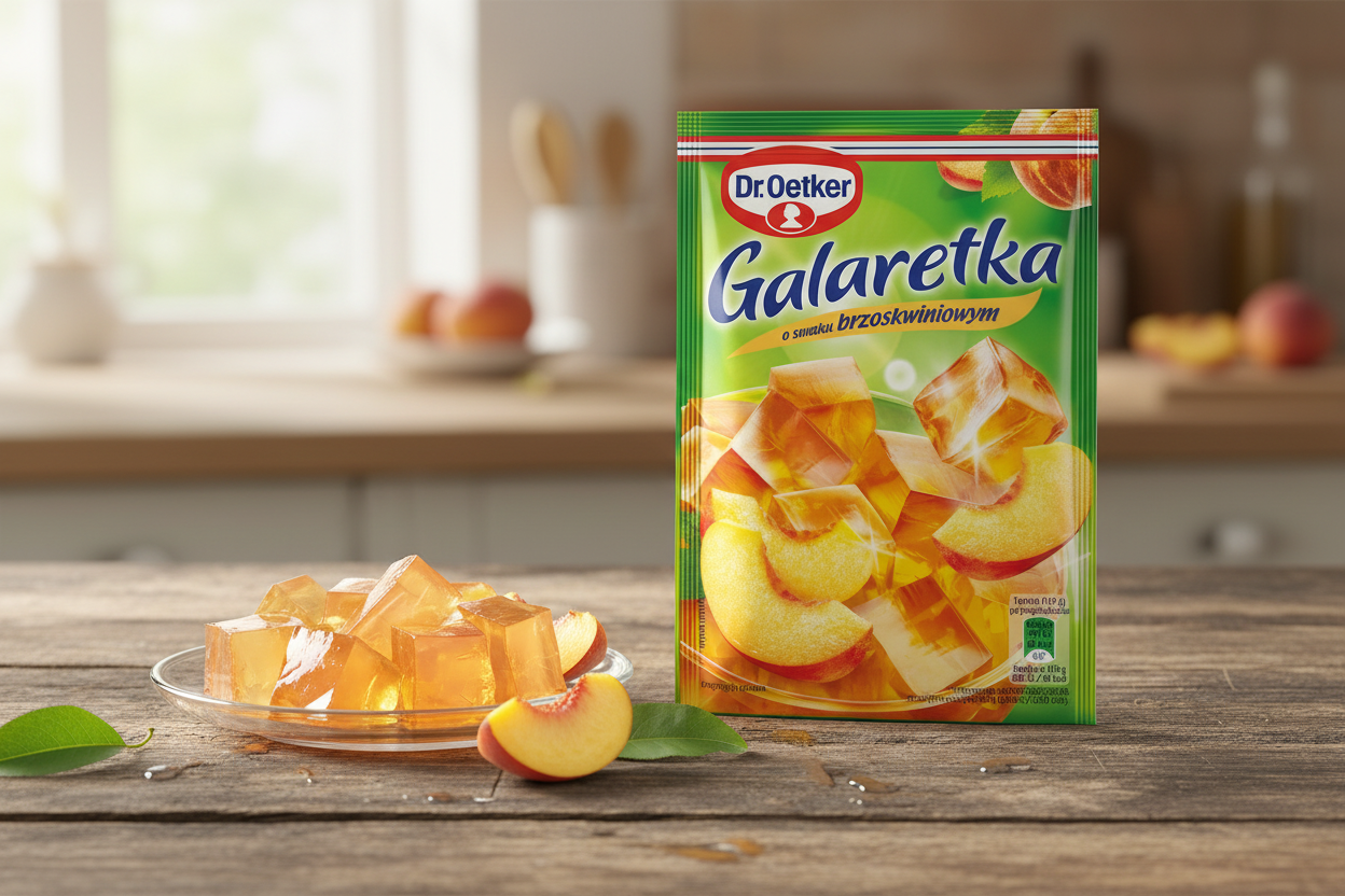 Dr. Oetker peach jelly packet beside a golden peachy jelly dessert with fresh peach slices