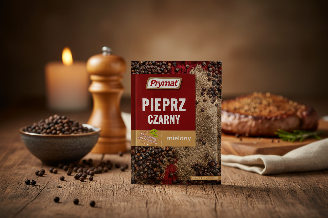 Prymat ground black pepper packet on a rustic wooden table with whole black peppercorns spilling from dark ceramic bowl and wooden pepper grinder alongside and perfectly seared golden-crusted steak with peppercorn crust in the background