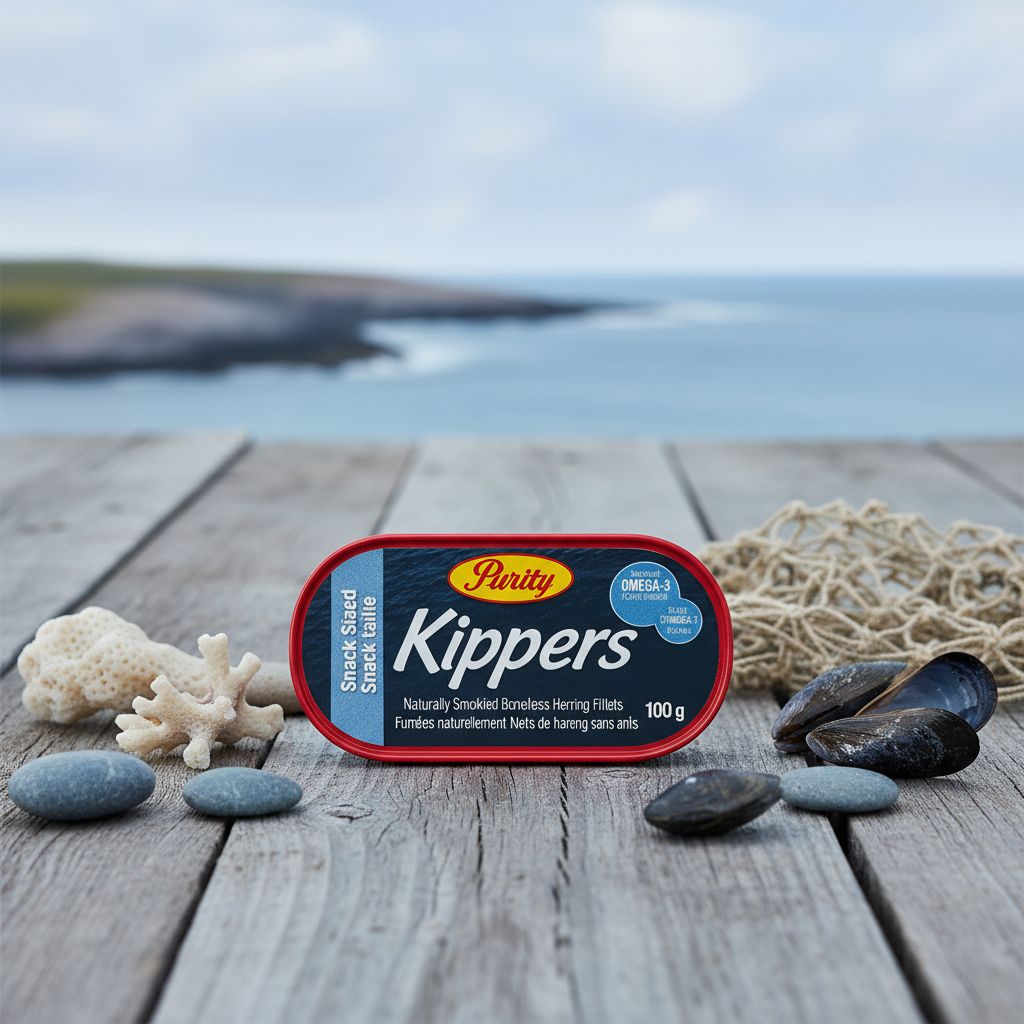 Purity Kippers Snack Size tin with premium background