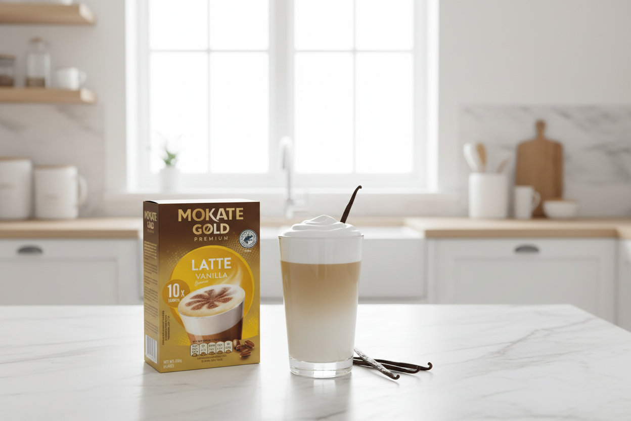 Mokate Gold Premium Latte Vanilla on a bright Scandinavian kitchen counter with vanilla beans and morning light