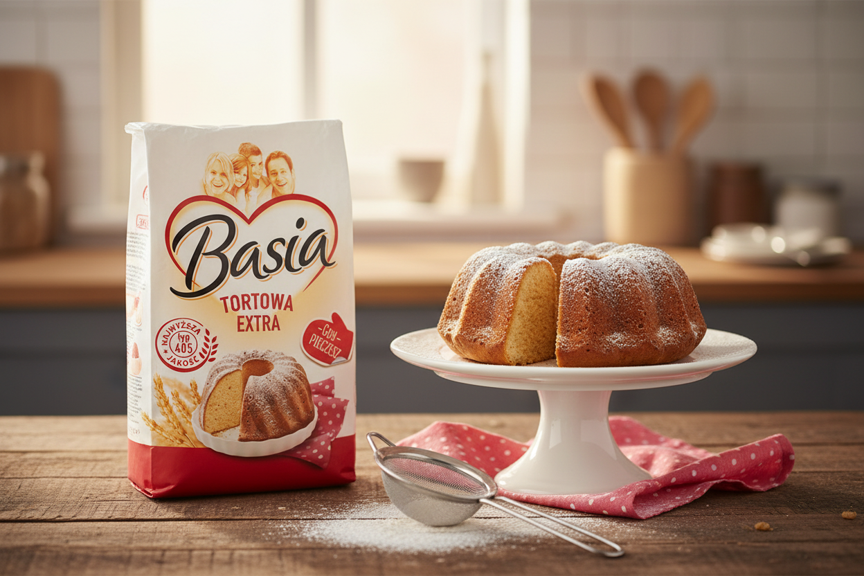 Basia Tortowa Extra cake flour bag on a kitchen table with a golden Bundt cake dusted with powdered sugar
