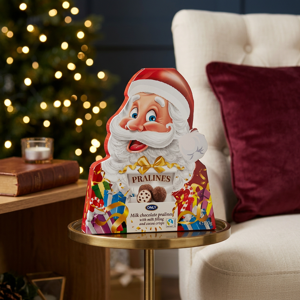 ONLY Santa crispy pralines in a cozy Christmas library setting