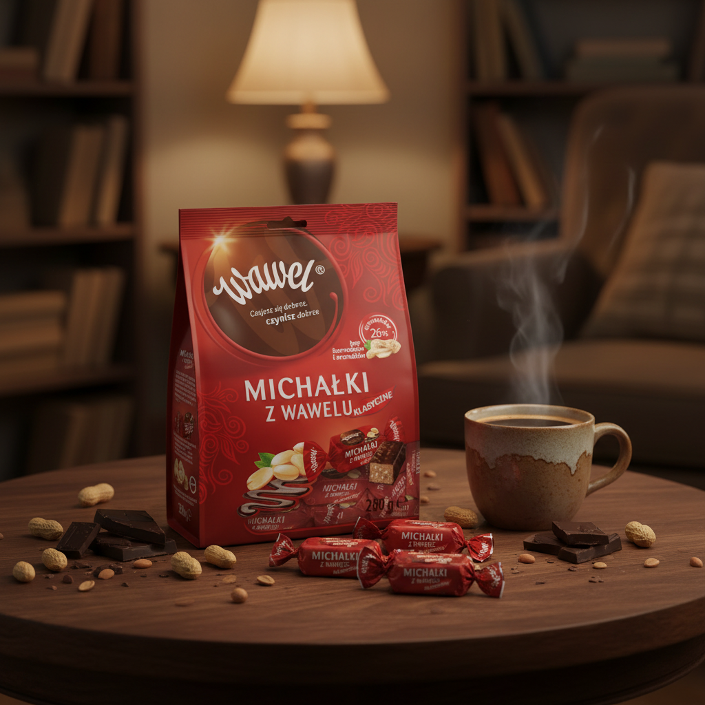 Wawel Michałki chocolates on a dark walnut table in a cozy reading nook with coffee