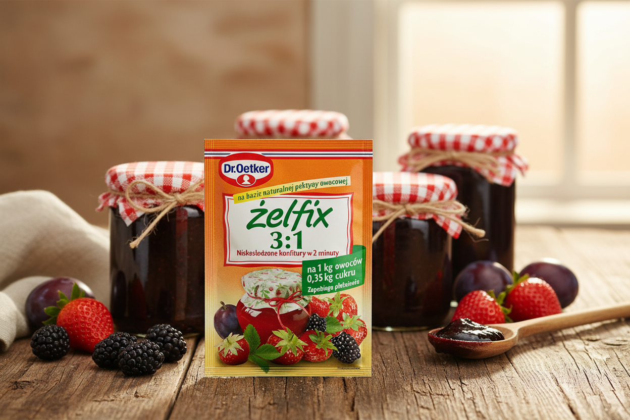 Dr. Oetker Żelfix 3:1 packet on a wooden table with homemade low-sugar blackberry and plum jam jars with gingham lids and fresh berries alongside