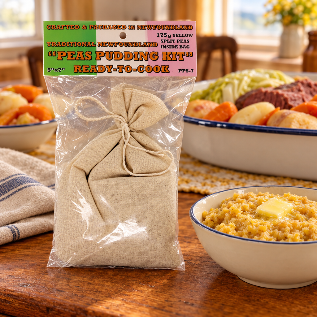 Packaged ready-to-cook 175 gram Newfoundland Peas Pudding Kit on a cozy Sunday dinner table