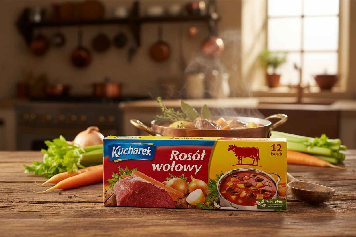 Kucharek Beef Bouillon Cubes on rustic farmhouse kitchen table with beef broth
